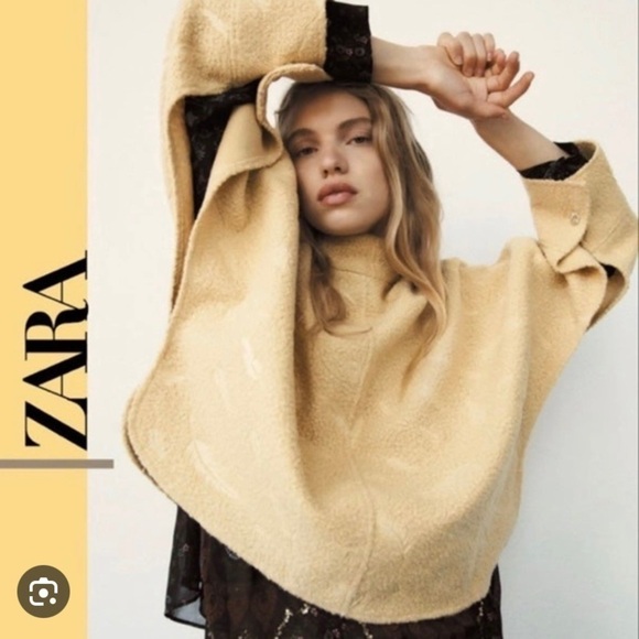 Zara Women’s Medium Teddy Cape Sleeve Poncho Top Tan Pressed Feather - Picture 12 of 12